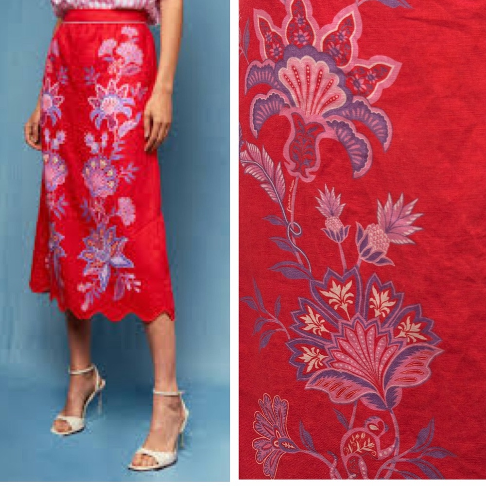 FARM RIO Porcelain Linen Midi Skirt Women's M